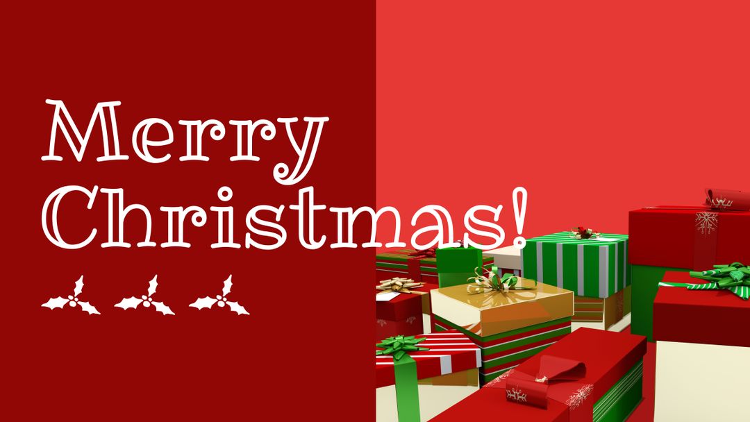 Horizontal image of white merry christmas text with holly sprigs design and wrapped gifts, on red - Download Free Stock Templates Pikwizard.com