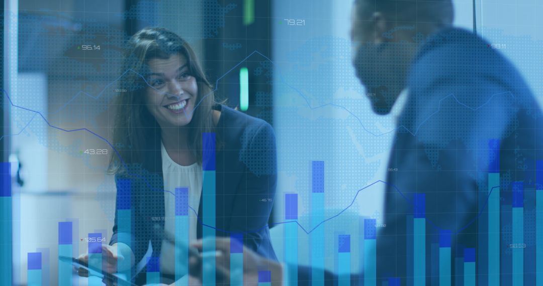 Diverse Professionals Analyzing Financial Data with Digital Interface Overlay