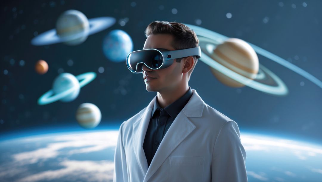 Astrophysicist exploring virtual space simulation with vr headset