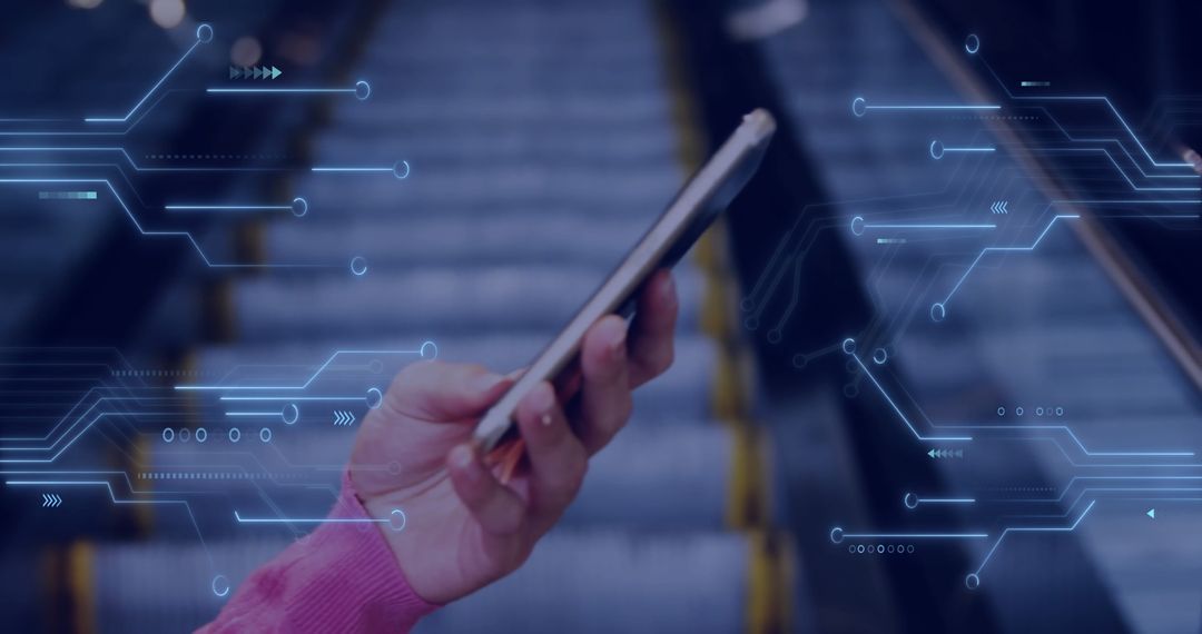 Hand Holding Smartphone with Digital Circuit Overlay