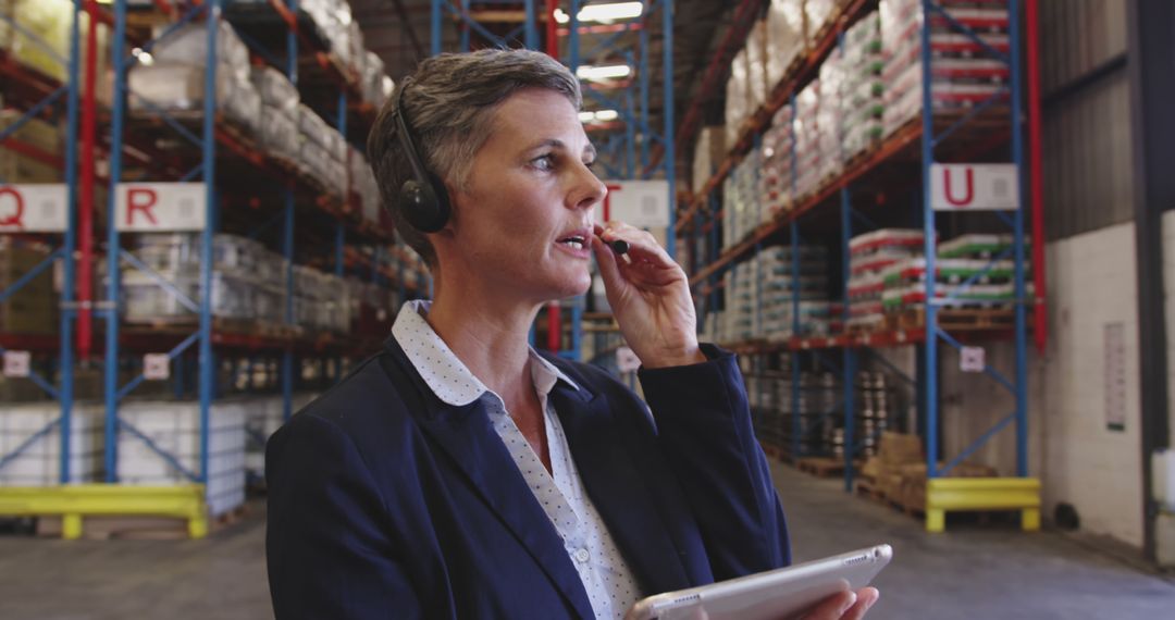 Warehouse Manager Communicating with Headset in Storage Facility - Free Images, Stock Photos and Pictures on Pikwizard.com