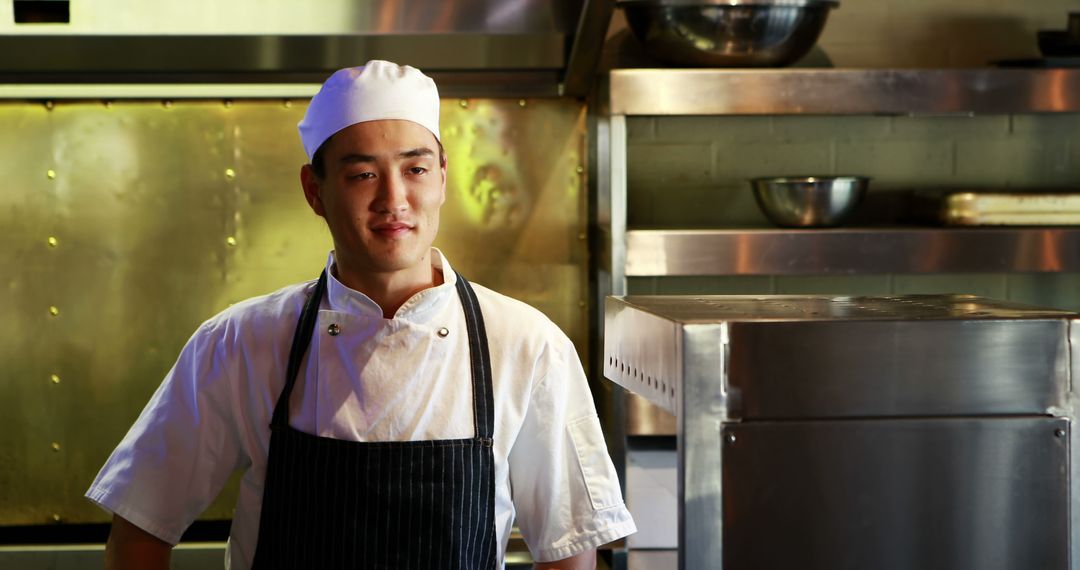 Cheerful Chef Wearing Apron Standing in Restaurant Kitchen - Free Images, Stock Photos and Pictures on Pikwizard.com