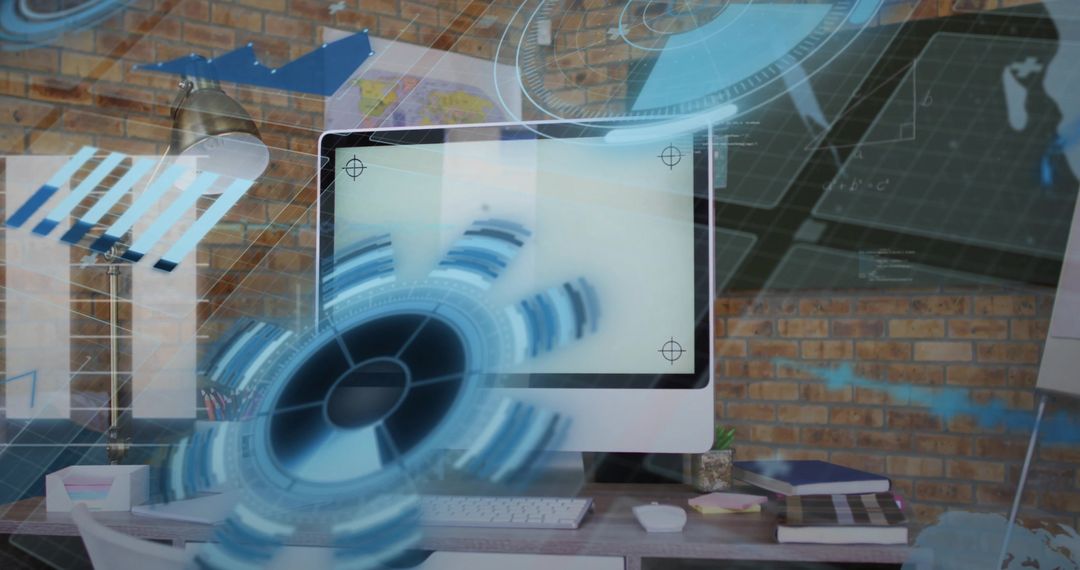 Futuristic AR HUD Projecting Over Desktop Monitor in Modern Brick-Wall Home Office