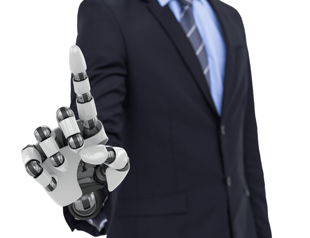 Transparent Businessman with Robotic Arm Pointing Finger