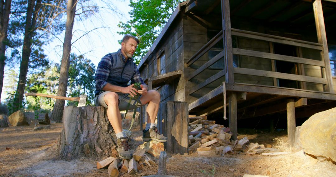 Man chopping wood sitting in front of cabin in forest - Free Images, Stock Photos and Pictures on Pikwizard.com