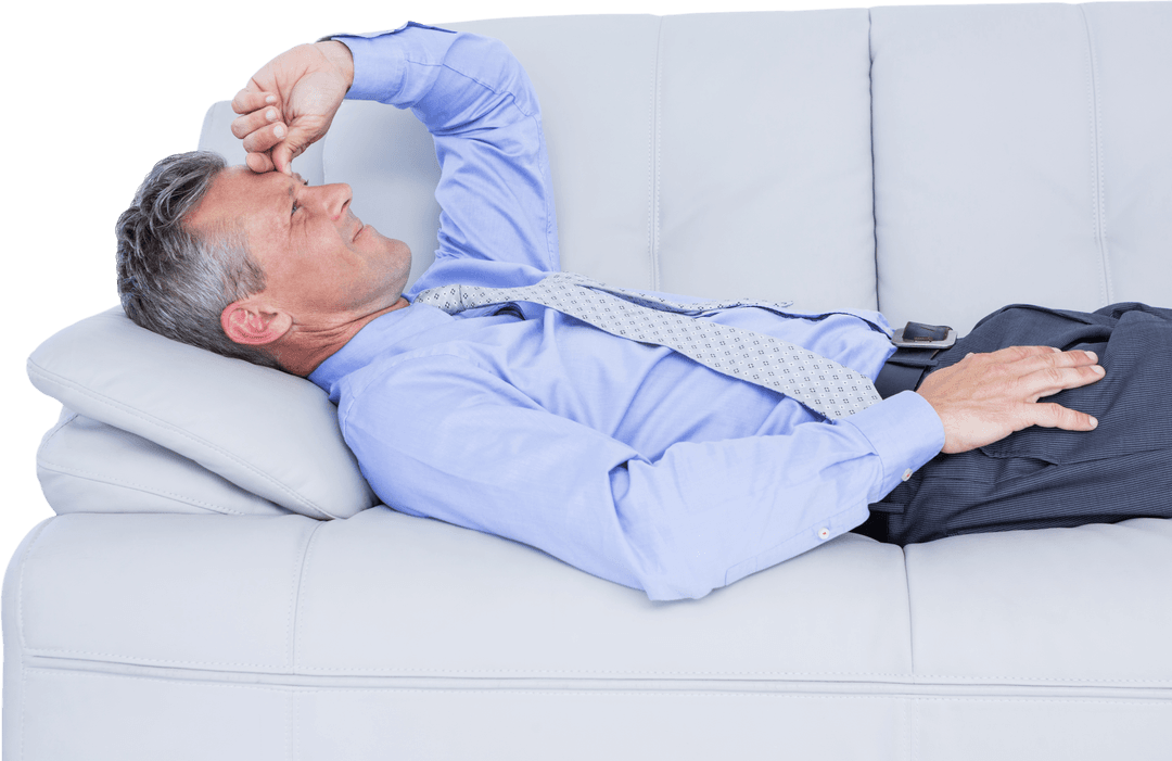 Businessman in Formal Attire with Headache Relaxing on Transparent Sofa