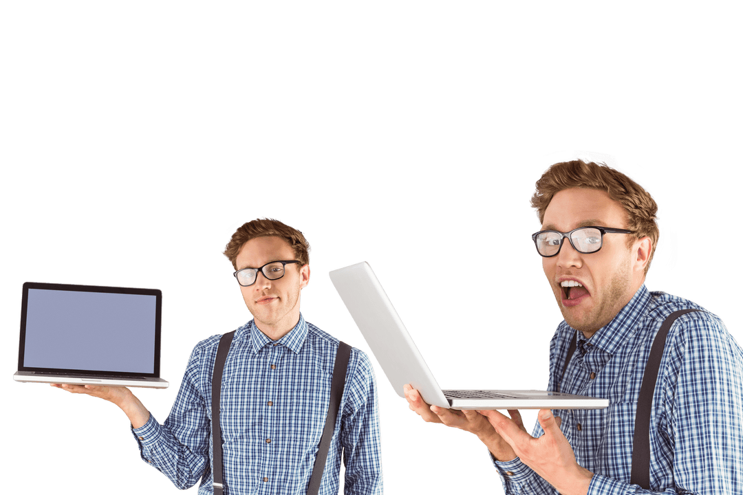 Transparent Dual Expressions Businessman Holding Laptop