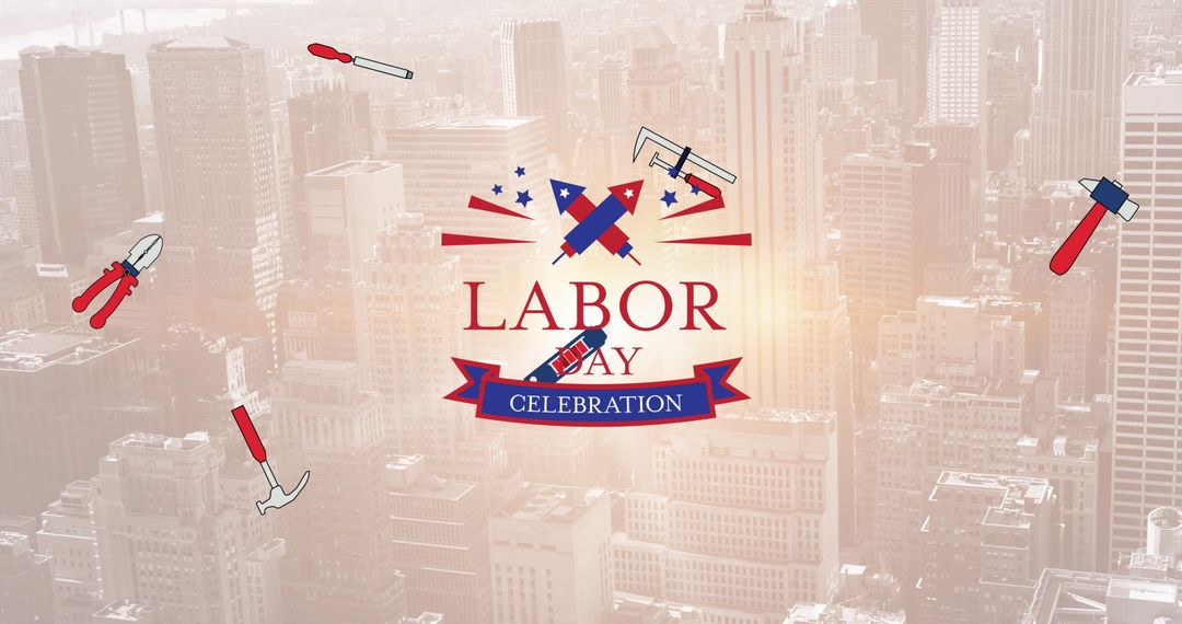 Labor Day Celebration Concept with Tools and Cityscape Background