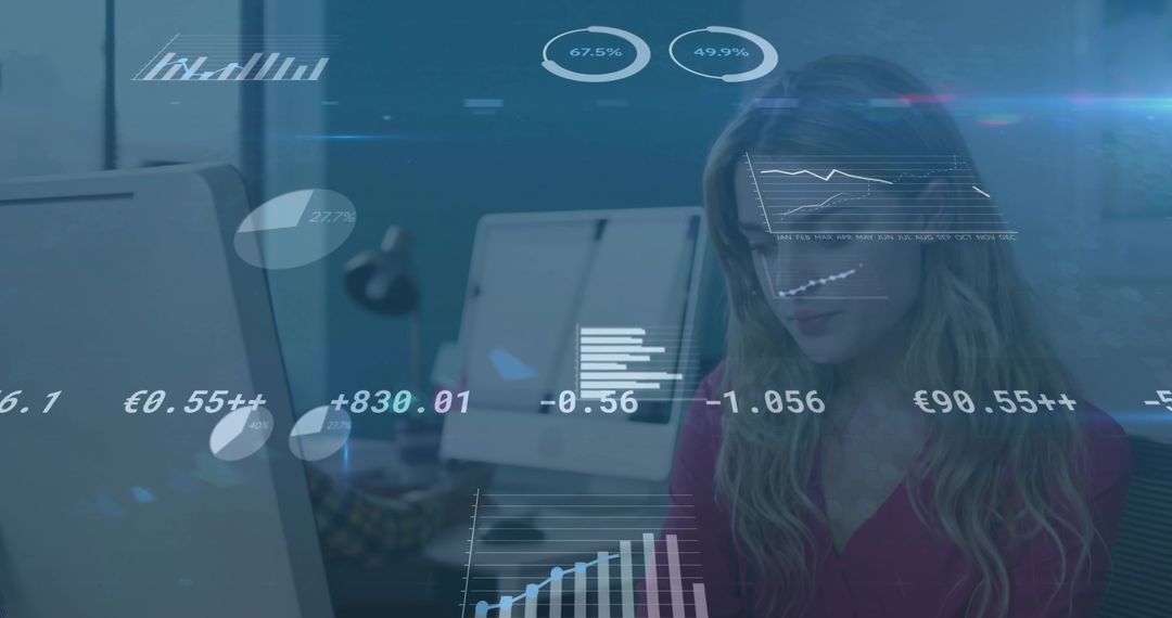 Woman Analyzing Financial Data on Computer in Office Environment