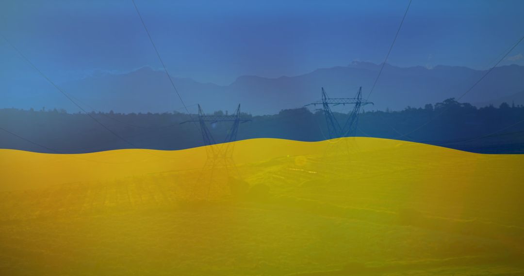 Ukrainian Flag Overlay Featuring Field and Electricity Poles