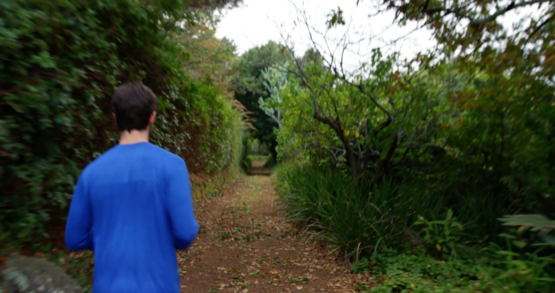 Man Running on Forest Trail in Blue Shirt Rear View - Free Images, Stock Photos and Pictures on Pikwizard.com