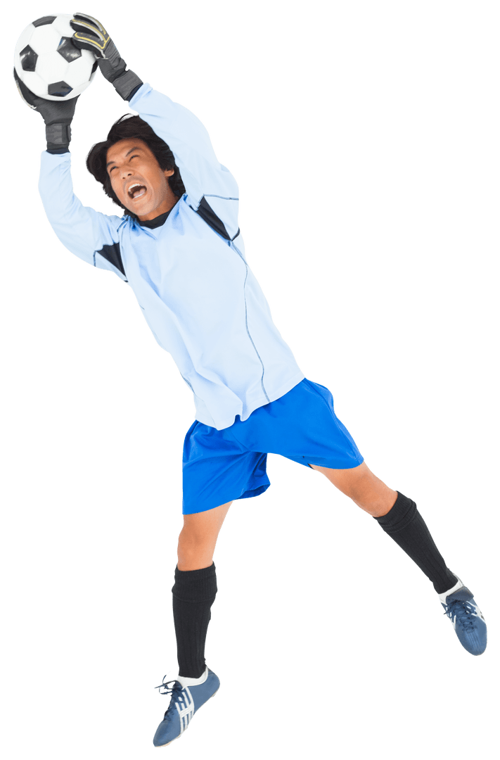 Goalkeeper Catching Soccer Ball While Jumping Isolated on Transparent