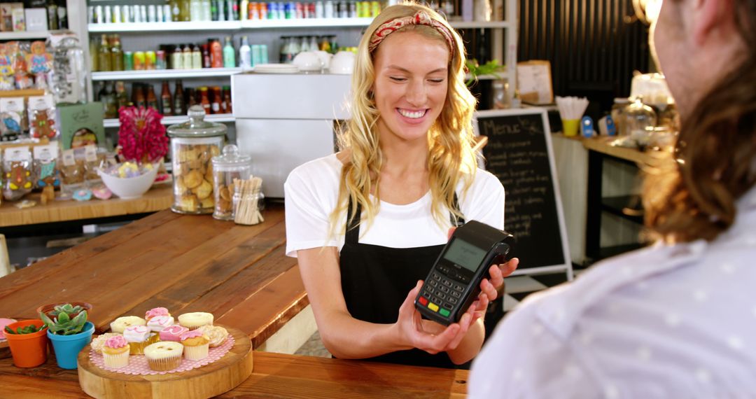 Smiling Barista Offering Contactless Payment at Cozy Cafe - Free Images, Stock Photos and Pictures on Pikwizard.com