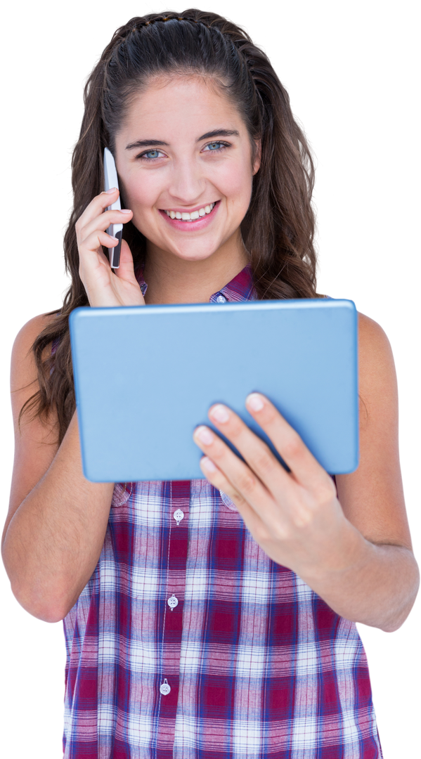 Smiling Young Woman with Tablet Making Phone Call - Transparent - Download Free Stock Images Pikwizard.com