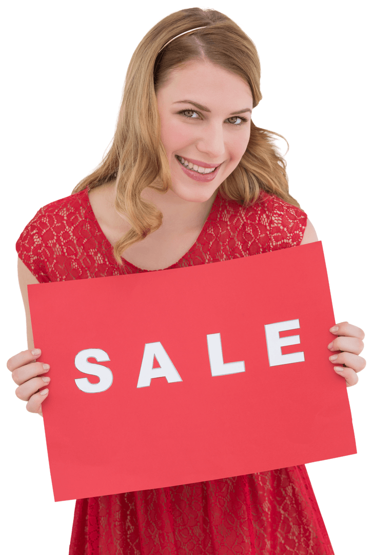 Smiling Woman Holding Transparent Red Sale Sign