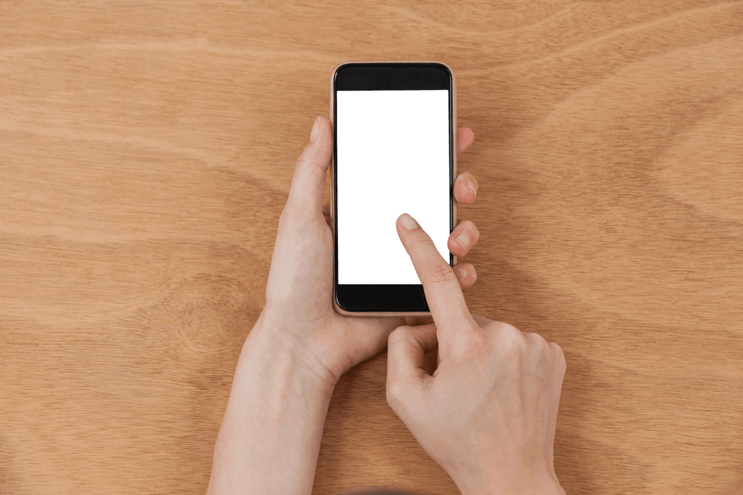 Transparent Smartphone Usage Hands Top View on Wooden Table