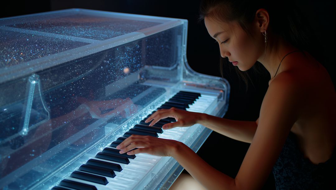 Female Pianist Playing Transparent Crystal Piano with Blue Glow, Low-Key Studio Portrait