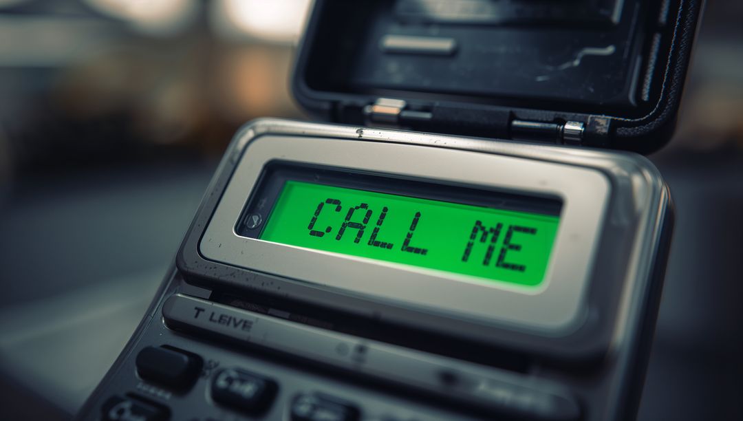 Retro flip phone displaying CALL ME on green backlit LCD closeup for communication concept