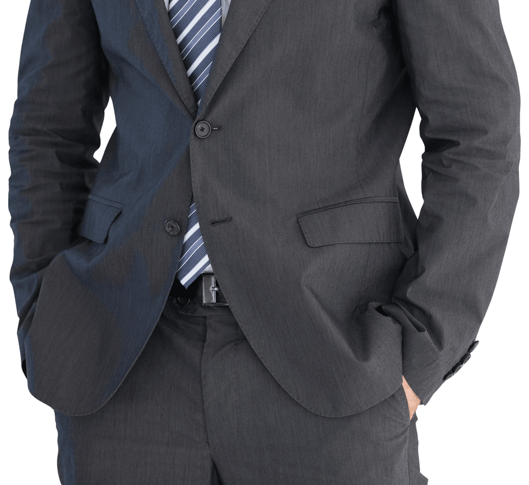 Sleek Businessman in Dark Suit Standing with Hand in Pocket