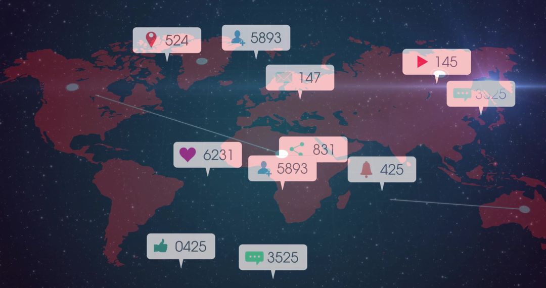 Global social media engagement dashboard showing live analytics, network mapping, metrics