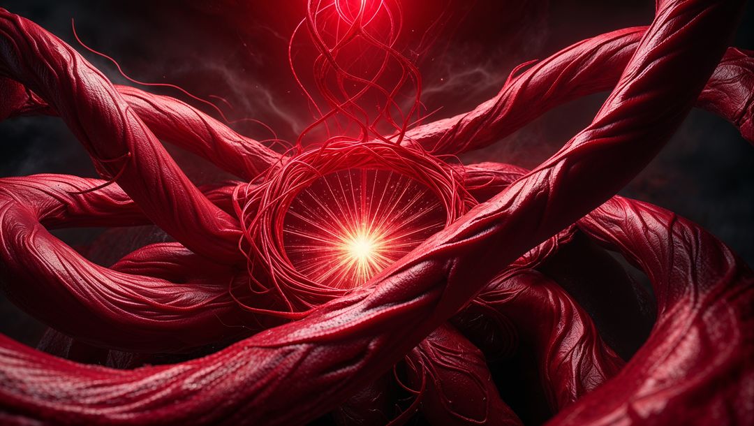 Abstract Red Tendrils with Glowing Core in Dark Texture