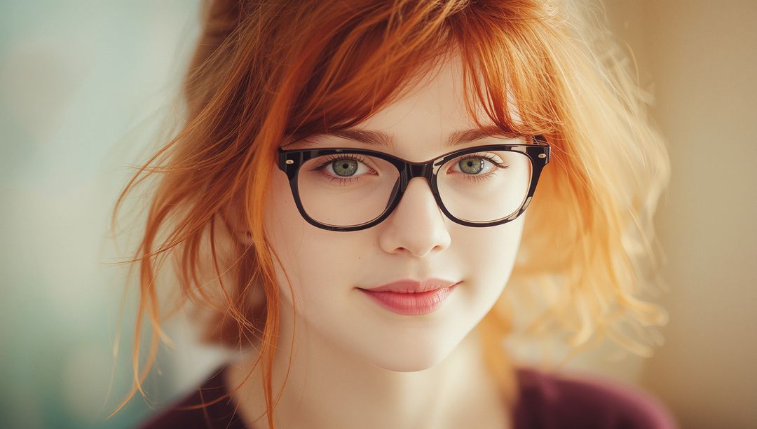 Stylish Woman with Black Glasses in Soft Background Interior Setting