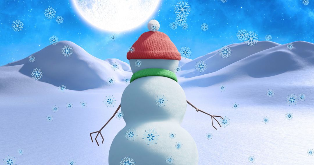 Snowfall Covers Animated Snowman in Scenic Winter Landscape