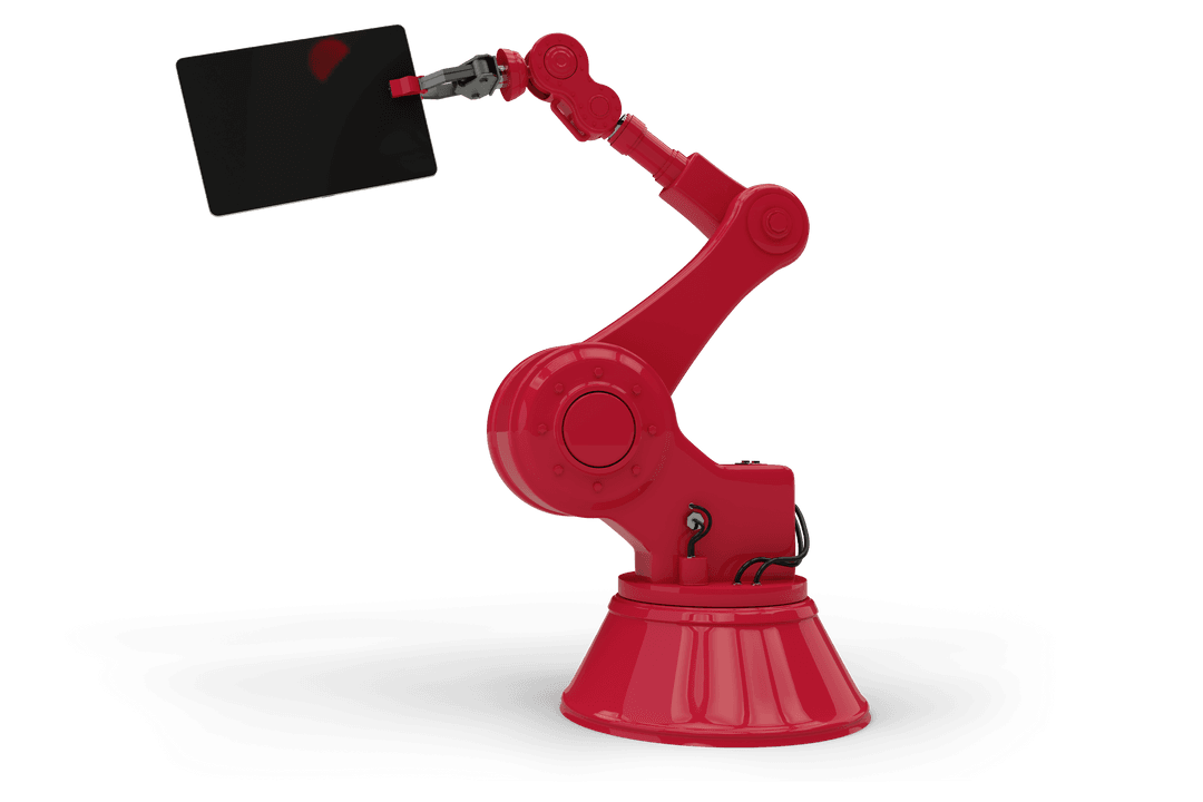 Transparent Red Robotic Arm Holding Digital Tablet
