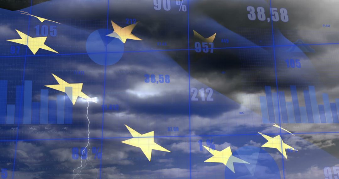 European Union Flag with Data and Stormy Sky Background