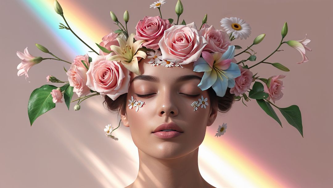 Serene Woman with Floral Crown and Rainbow Glow