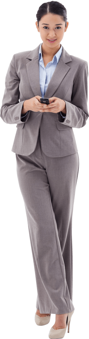 Transparent Brunette Businesswoman Texting in Gray Suit