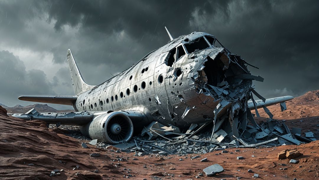 Desolate Airplane Crash Wreckage in Red Rocky Landscape