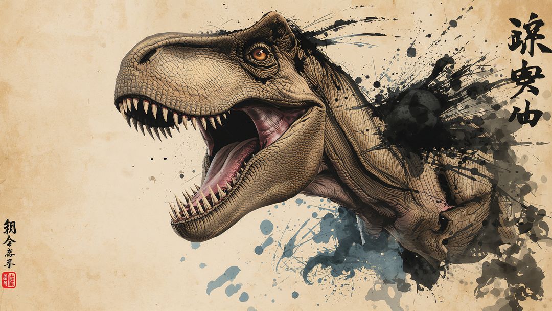Tyrannosaurus Rex Head Ink Splash With Calligraphy and Seal