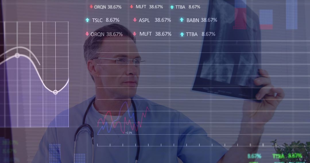 Doctor Analyzing X-ray with Data Overlay in Healthcare Environment