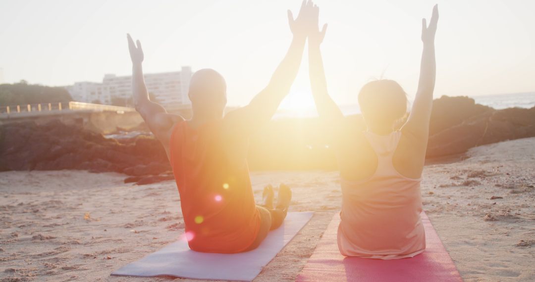 Couple Practicing Morning Yoga on Beach at Sunrise - Free Images, Stock Photos and Pictures on Pikwizard.com