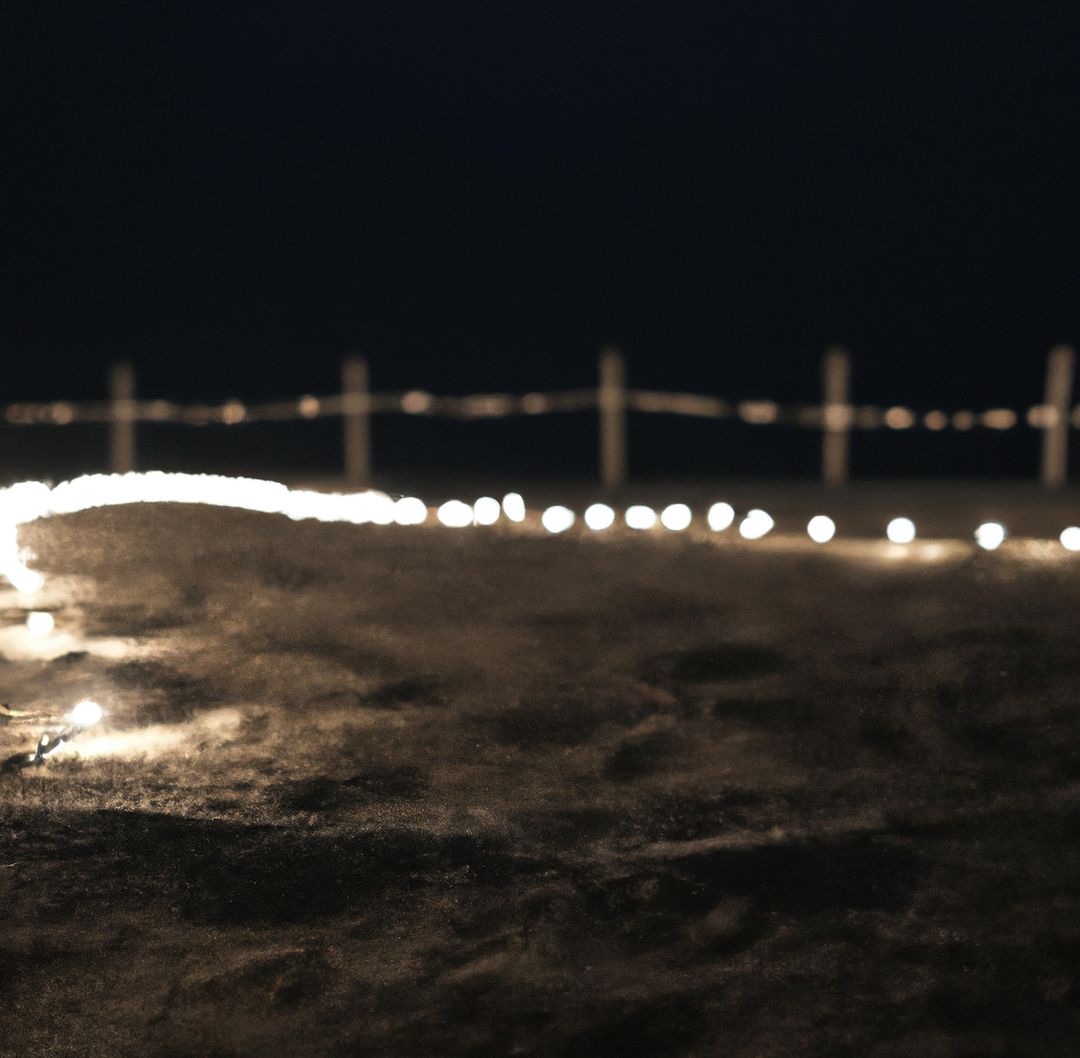 Image of close up of outdoor lights on string on beach at night - Free Images, Stock Photos and Pictures on Pikwizard.com