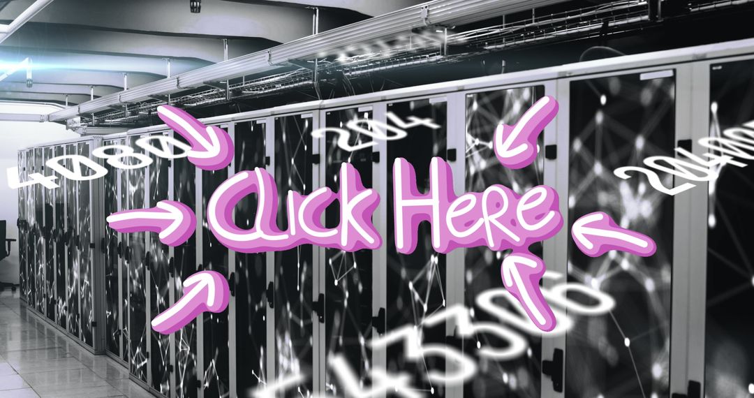 Neon-Pink Overlay Commanding Click Here on Server Racks