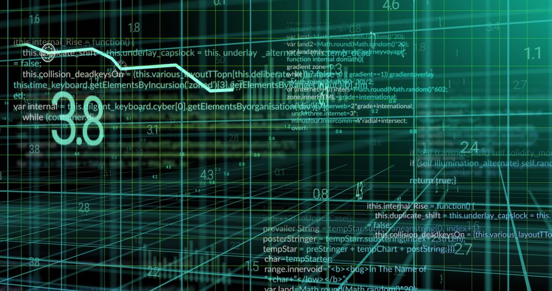 Abstract wireframe grid with floating code snippets and data