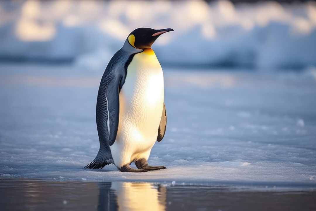 Emperor penguin standing on icy snowy surface and water, created using generative ai technology - Free Images, Stock Photos and Pictures on Pikwizard.com