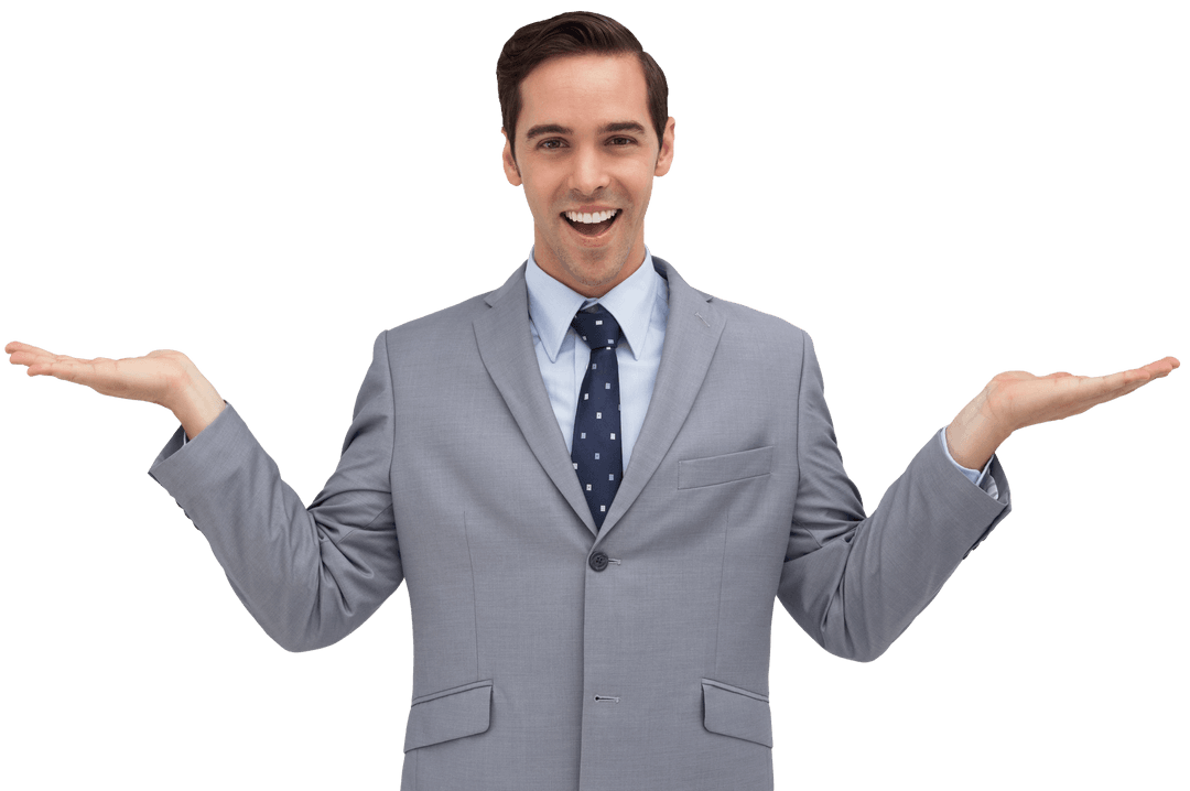 Smiling Businessman With Hands Spread on Transparent Background