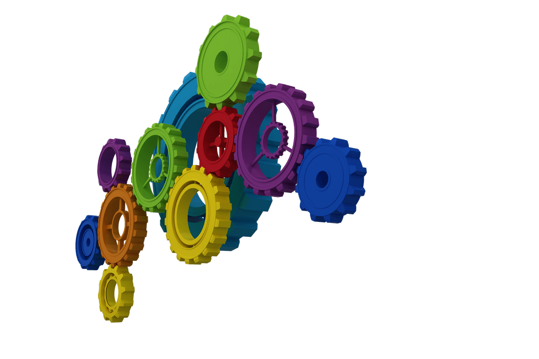 Colorful Cogs Interconnected on Transparent Background