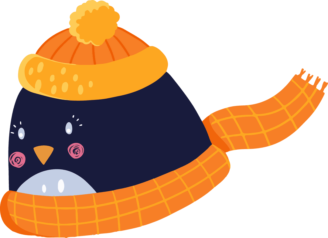 Cartoon Penguin Winter Hat Adorned with Orange Features on Transparent Background