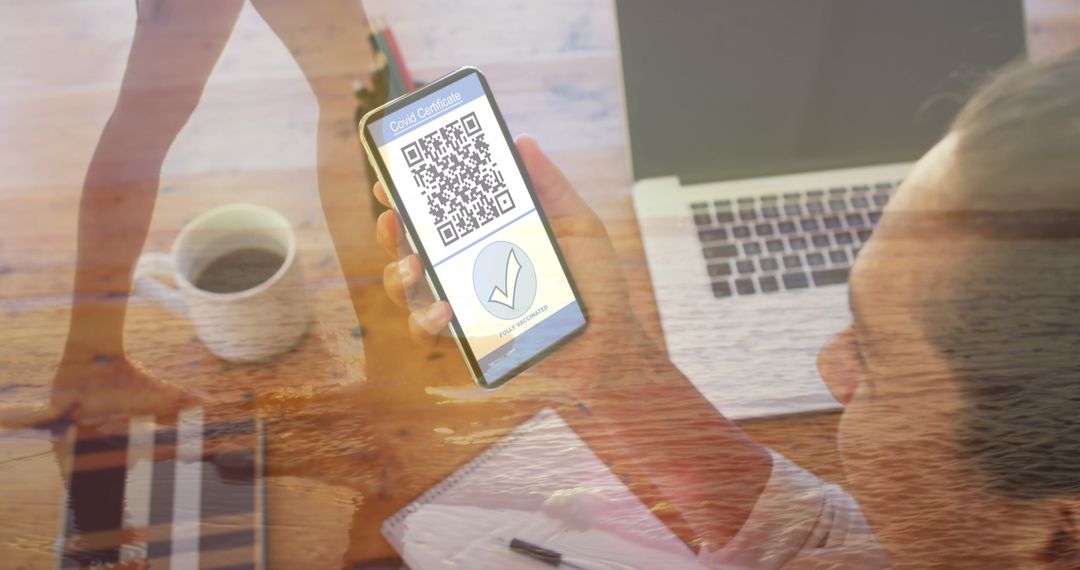 Digital Vaccination Passport on Smartphone Overlayed with Beach Scene