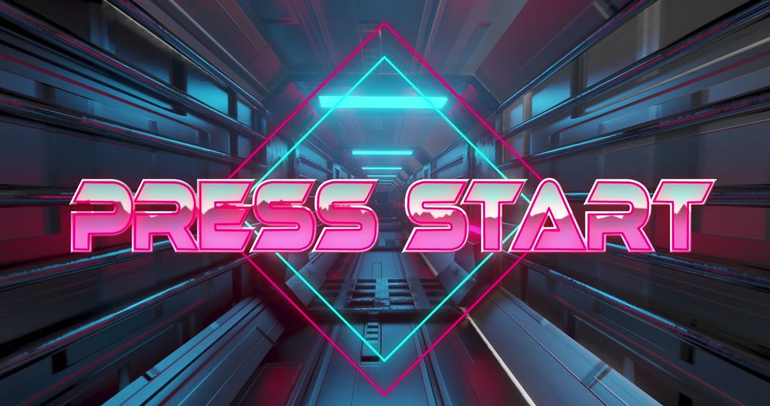 Retro 'Press Start' Game Interface with Neon Elements in Futuristic Tunnel