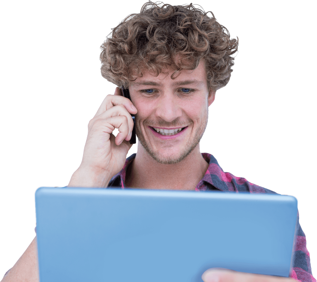 Smiling Man Communicating on Mobile with Digital Tablet in Hand