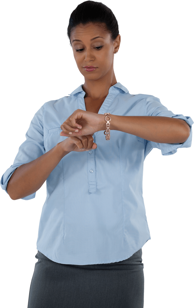 Businesswoman Checking Wristwatch with Focused Expression Transparent