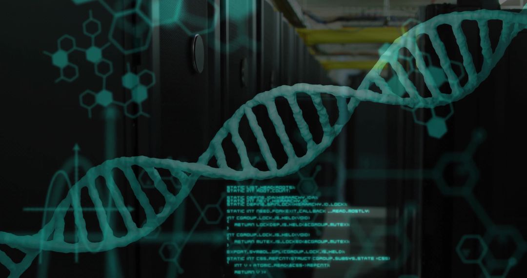 Digital DNA Helix Overlay in Data Center Aisle Representing Innovation