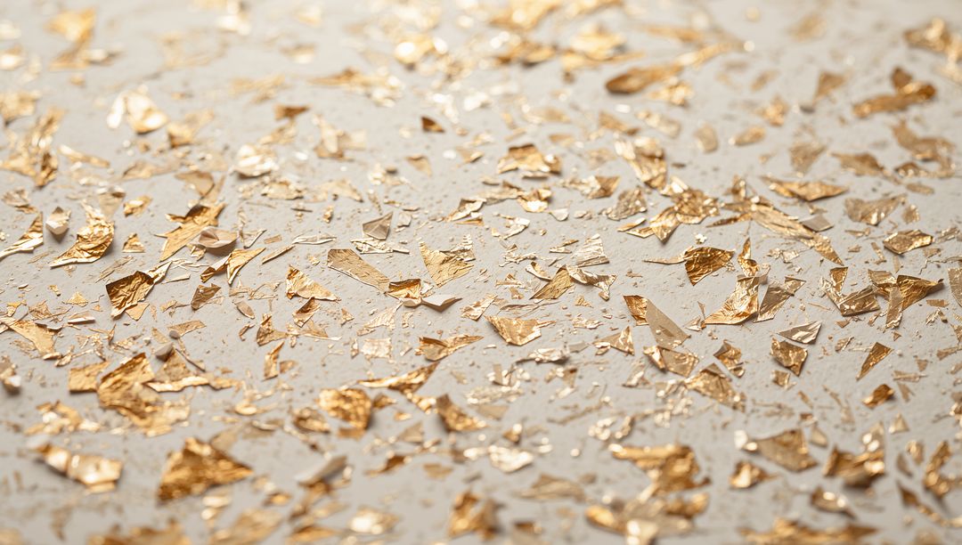 Scattered Gold Leaf Flakes on Cream Surface with Warm Metallic Sheen and Shimmer