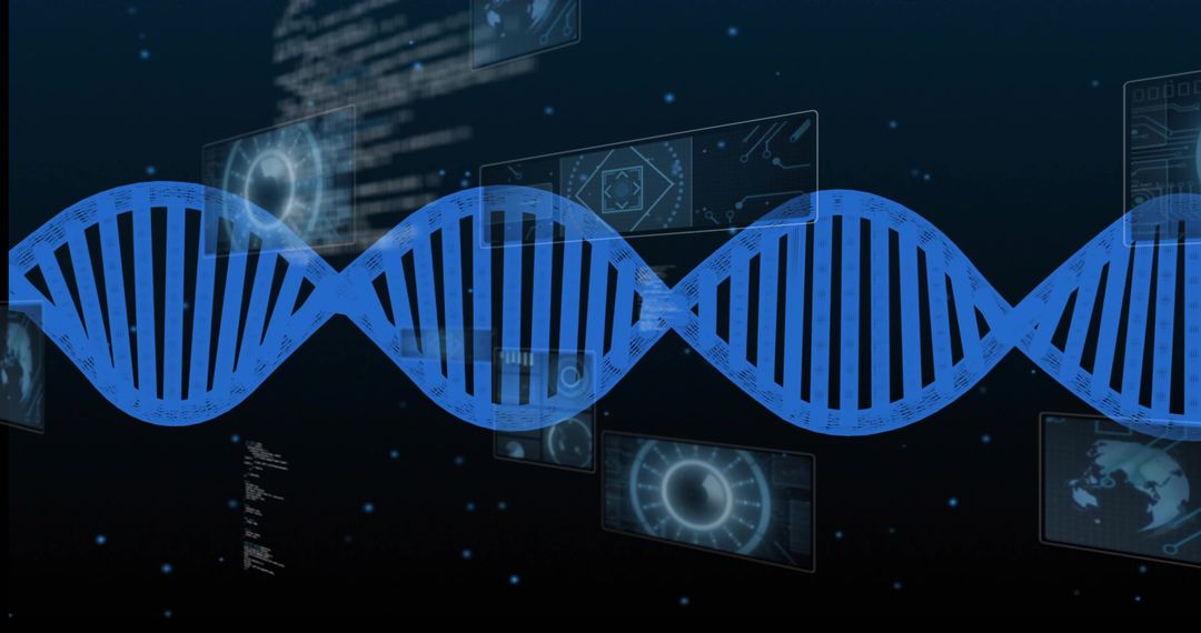 Blue DNA Double Helix Spanning Futuristic Holographic Research Interface With Data HUD Panels