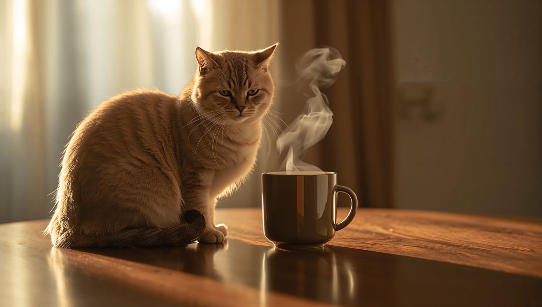 Sitting sunlit ginger cat beside steaming mug on polished wooden table in morning light